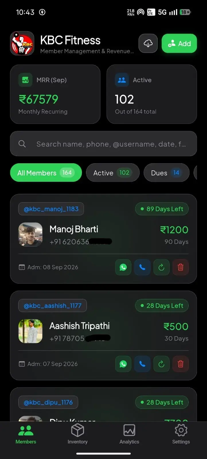 KBC Fitness App — Member Dashboard